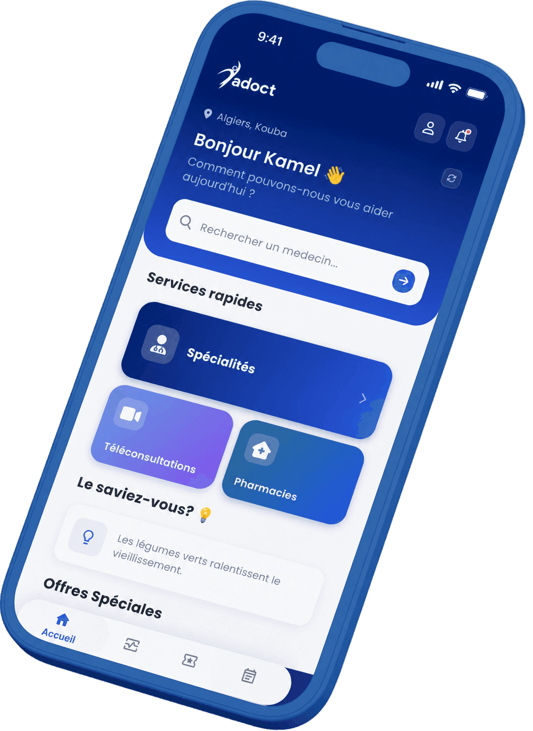 L'écran d'accueil de l'application Yadoct.