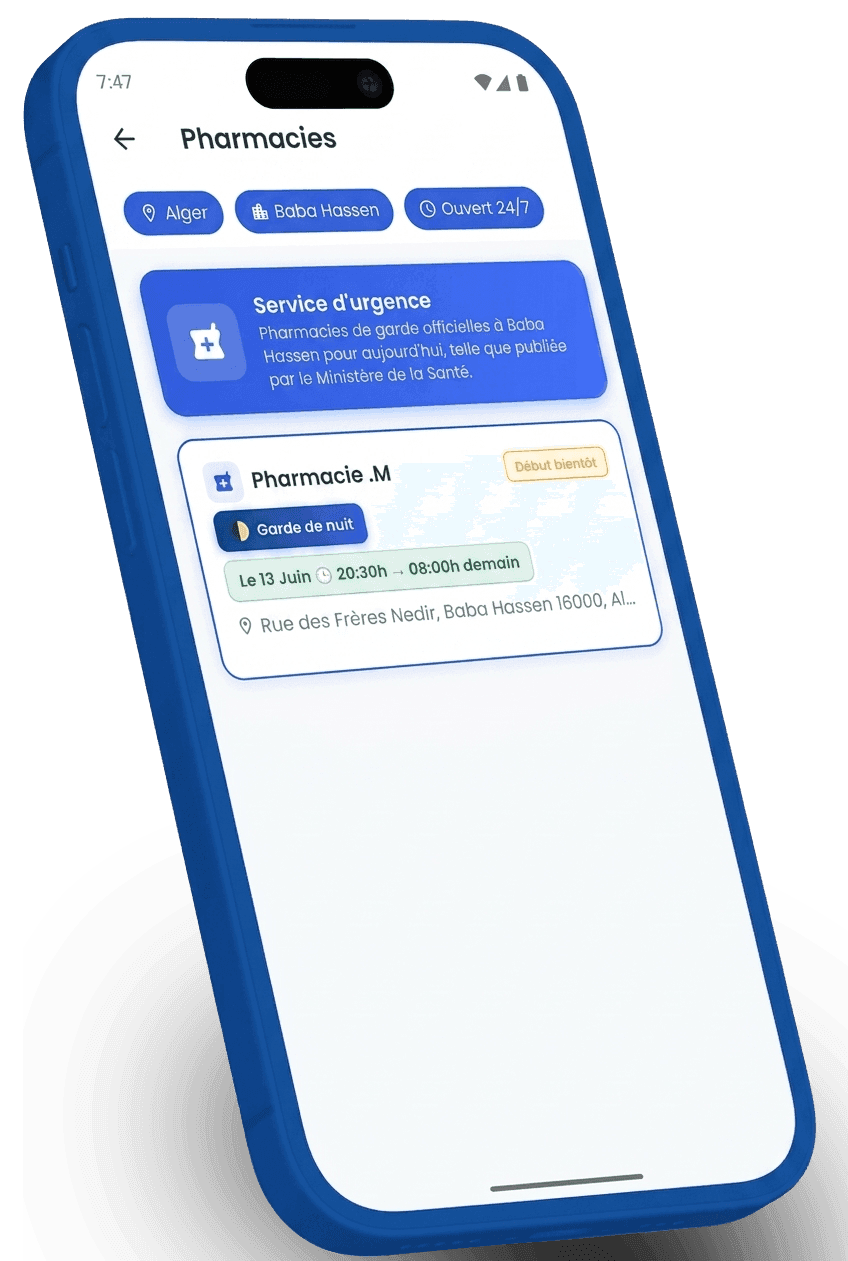 L'écran des pharmacies de garde dans l'application Yadoct.
