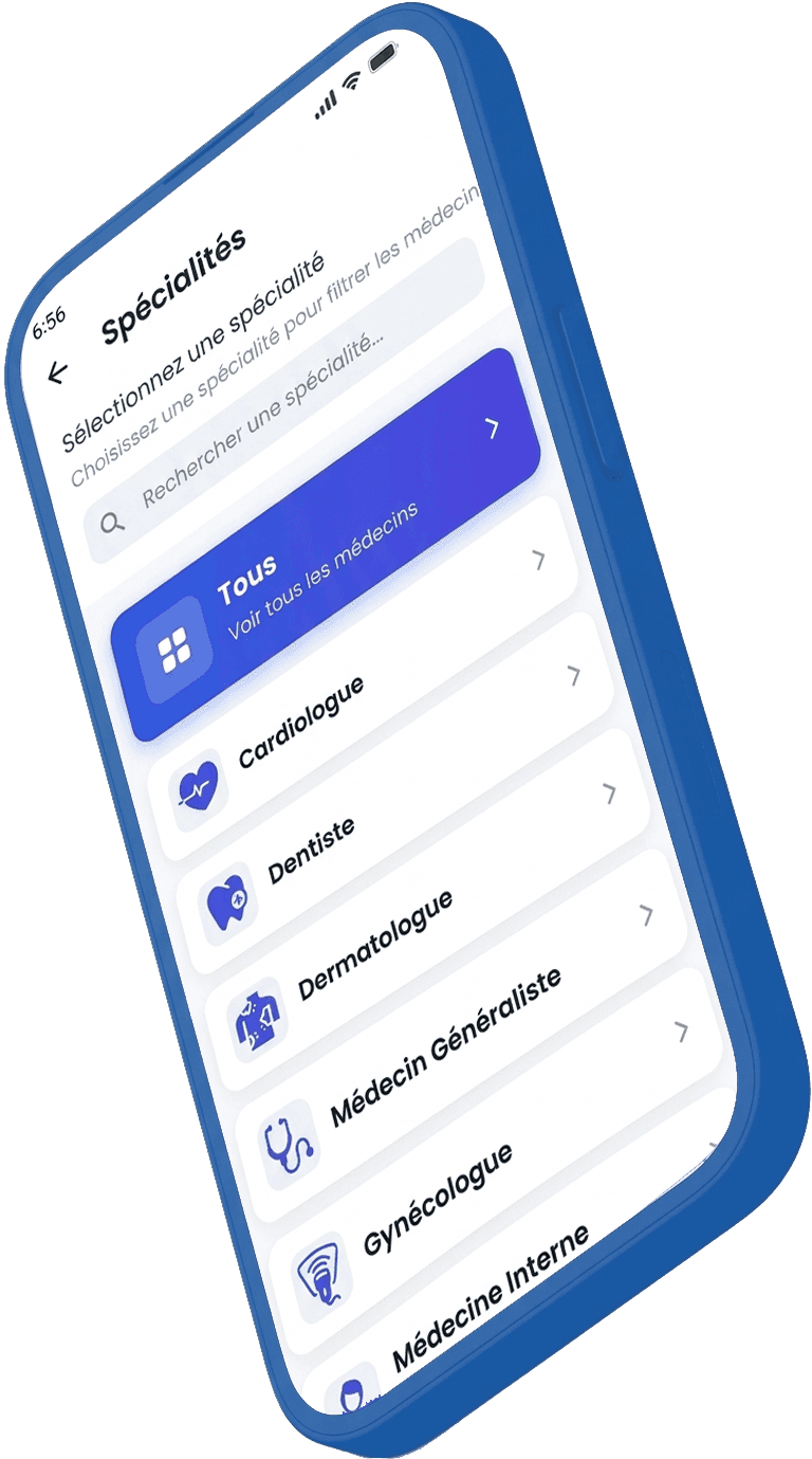 La liste des spécialités médicales dans l'application Yadoct.
