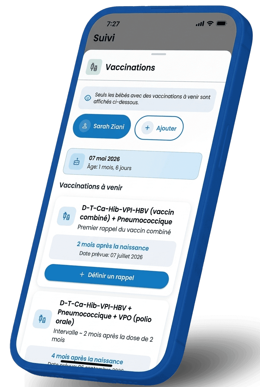 Le calendrier vaccinal de l'enfant dans l'application Yadoct.